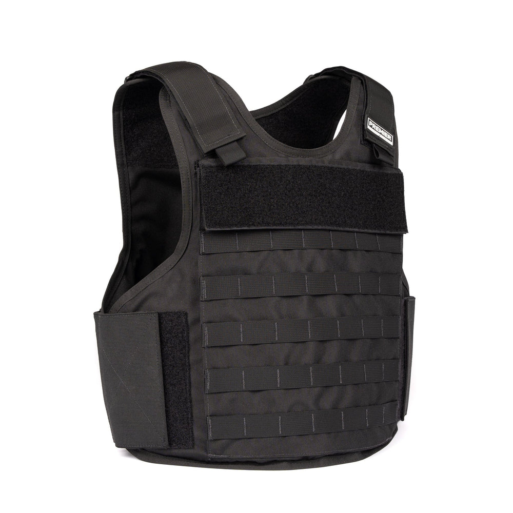 The Premier Body Armor Hybrid Tactical Vest - Carrier Only is a black tactical vest featuring adjustable shoulder straps and multiple horizontal webbing loops for attaching accessories. The front includes a large Velcro patch. Designed for utility and protection, it offers Level IIIA protection, commonly used in law enforcement and military operations.