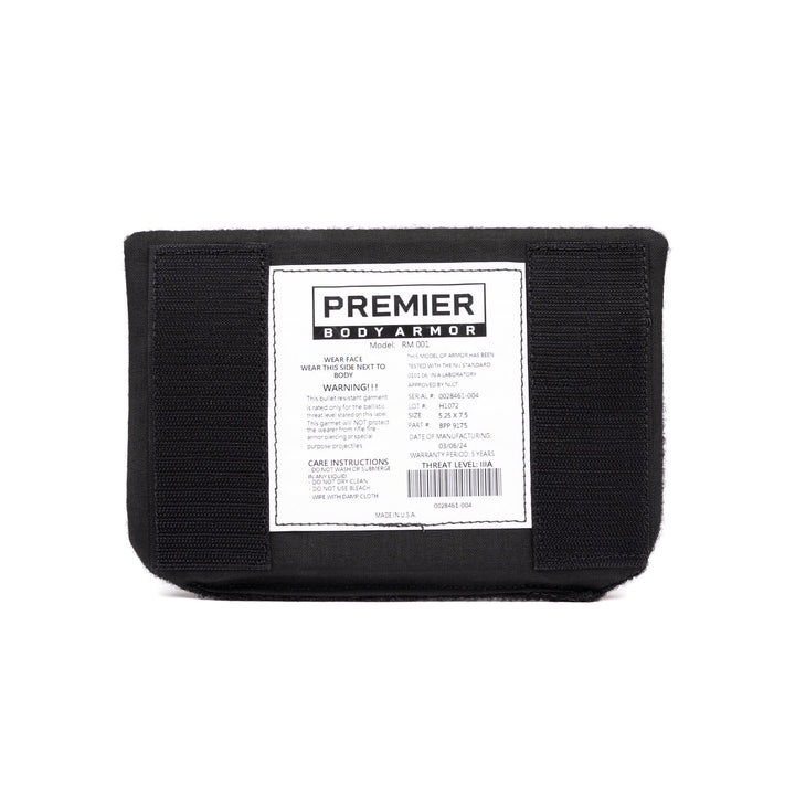 A black SOE FUPA Level IIIA Insert by Premier Body Armor is shown. The label in the center provides product information and warnings. This Level IIIA body armor has a rectangular shape with straps on the sides, designed for personal protection. Made in the USA.