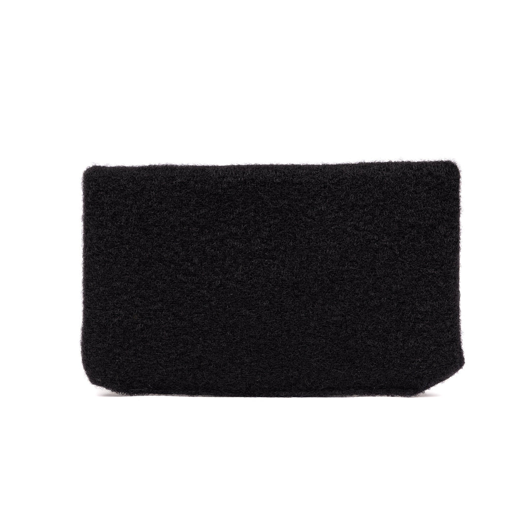 A rectangular, black fuzzy clutch purse named the SOE Stacked Micro Rig Level IIIA Insert by Premier Body Armor is displayed against a white background. The purse has a soft texture, no visible handles or embellishments, and subtly incorporates ballistic material for added protection.