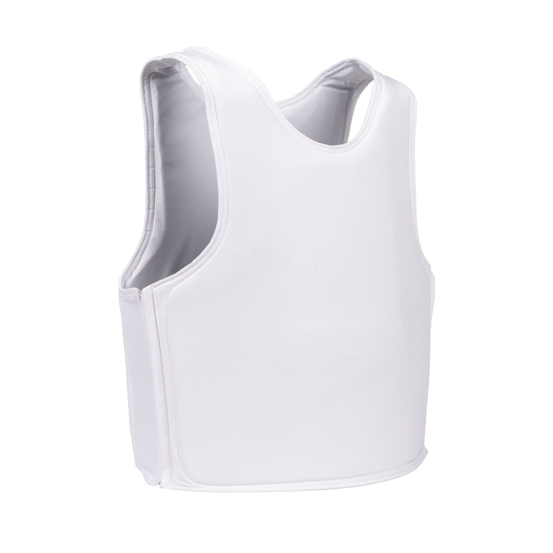 The Premier Body Armor Discreet Executive Vest - Level IIIA, this white protective vest is designed to be worn over the torso. Featuring a sleeveless design and smooth surface, it offers a minimalistic look while extending from shoulders to lower waist. Equipped with NIJ Certified ballistic panels, it ensures Level IIIA protection.