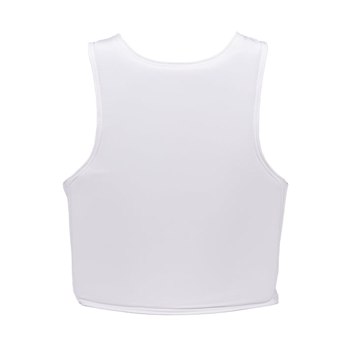 A Premier Body Armor Discreet Executive Vest - Level IIIA is shown against a plain white background. The image displays the back view of the vest, emphasizing its plain design and smooth texture, resembling the sleek aesthetic of a white sleeveless sports tank top.