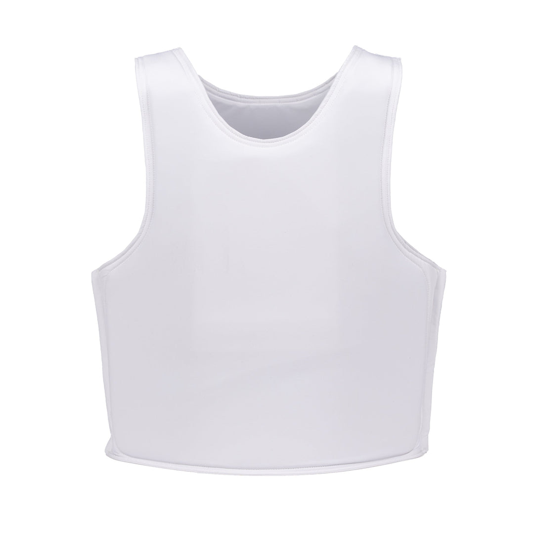 A plain white "Discreet Executive Vest - Level IIIA" from Premier Body Armor is displayed against a white background. The vest has a round neckline and appears to be made of smooth, lightweight fabric. The design is simple with no visible graphics, logos, or embellishments.