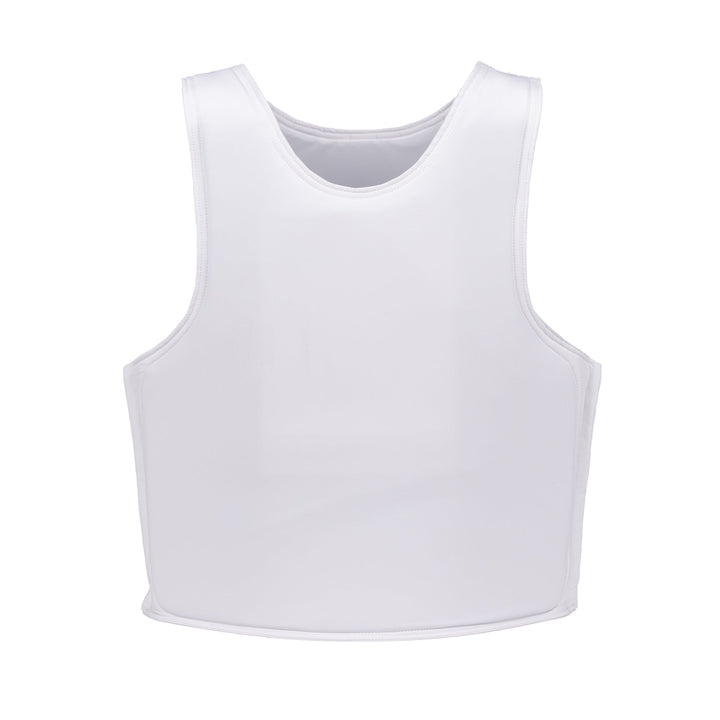 A plain white "Discreet Executive Vest - Level IIIA" from Premier Body Armor is displayed against a white background. The vest has a round neckline and appears to be made of smooth, lightweight fabric. The design is simple with no visible graphics, logos, or embellishments.