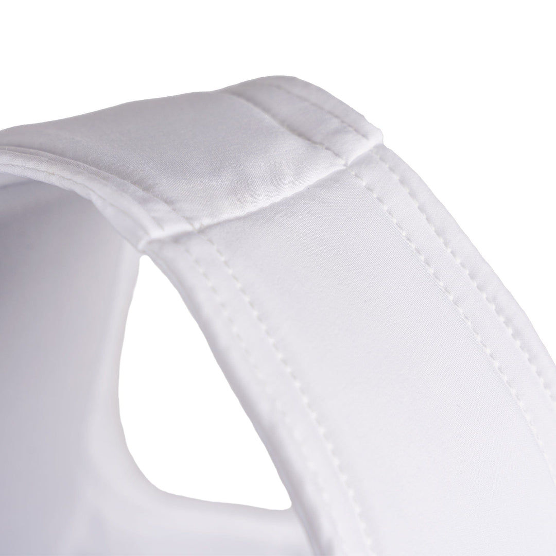 Close-up of the Discreet Executive Vest - Level IIIA by Premier Body Armor, showcasing a white, padded fabric with two parallel seams running along its length and a rectangular stitched section. The material, part of this executive vest, appears soft yet resilient.