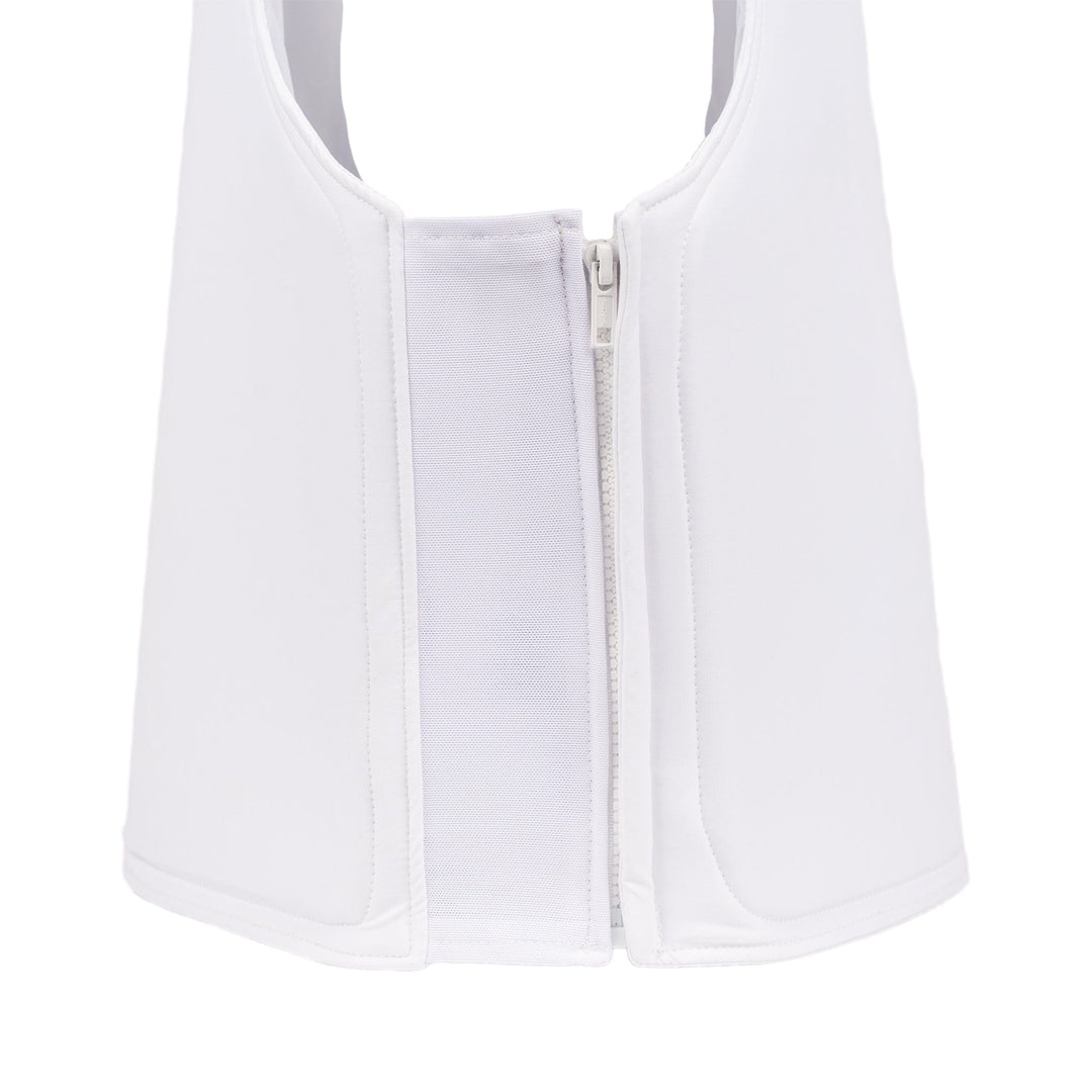 A close-up image of the Premier Body Armor Discreet Executive Vest - Level IIIA, a white sleeveless garment featuring a front zipper closure. The material appears smooth and structured, designed with clean lines for an elegant minimalist look. This vest, crafted from NIJ Certified Level IIIA Kevlar, ensures both style and protection.