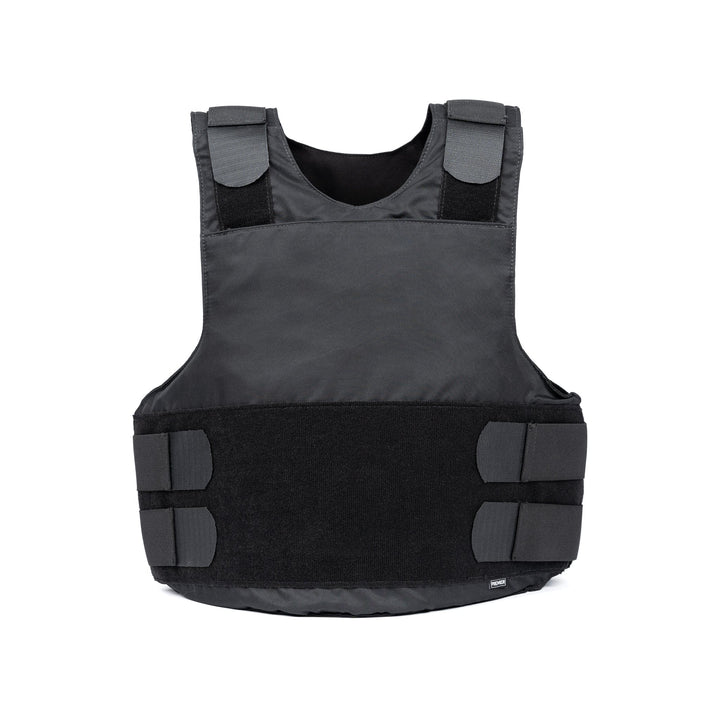 The Premier Body Armor Overt/Covert Vest Bundle (old) is a black hybrid tactical vest with adjustable shoulder and waist straps, known for its sleek, minimalistic design. This vest bundle offers reinforced padding and Velcro straps to ensure a secure fit.