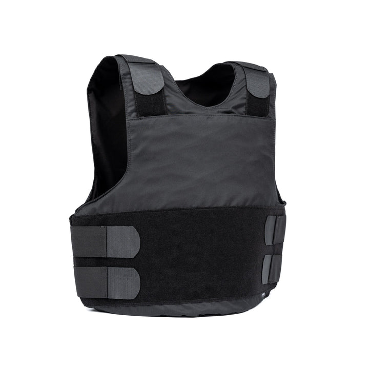 The Overt / Covert Vest Bundle (old) from Premier Body Armor is shown against a white background. This black, tactical bulletproof vest features adjustable shoulder straps and side fastenings, boasting a smooth finish with reinforced paneling for added protection.