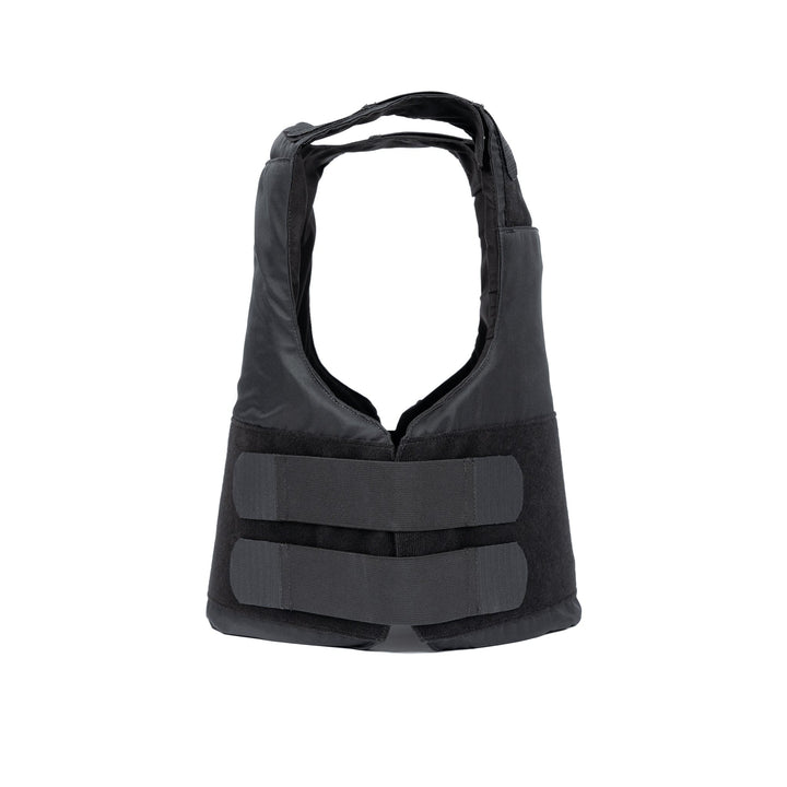 A black Premier Body Armor Overt / Covert Vest Bundle (old) is shown in the image. The vest features two horizontal Velcro straps across the front and wide shoulder straps. The fabric appears padded and durable, making it perfect for protection or carrying equipment. This versatile design suggests it can be used effectively in both overt and covert scenarios.