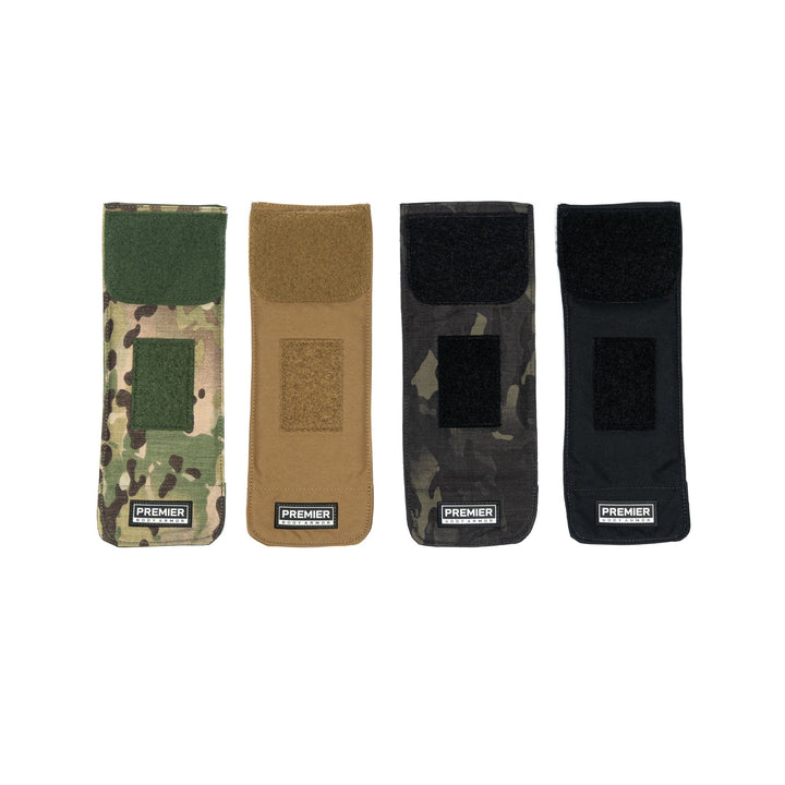 Displayed in a row are four Bulletproof Can Coolers by Premier Body Armor. From left to right, the coolers feature colors of camouflage, tan, dark camouflage, and black. Each can cooler is crafted from ballistic material and includes a Velcro closure with a Premier logo patch at the bottom.