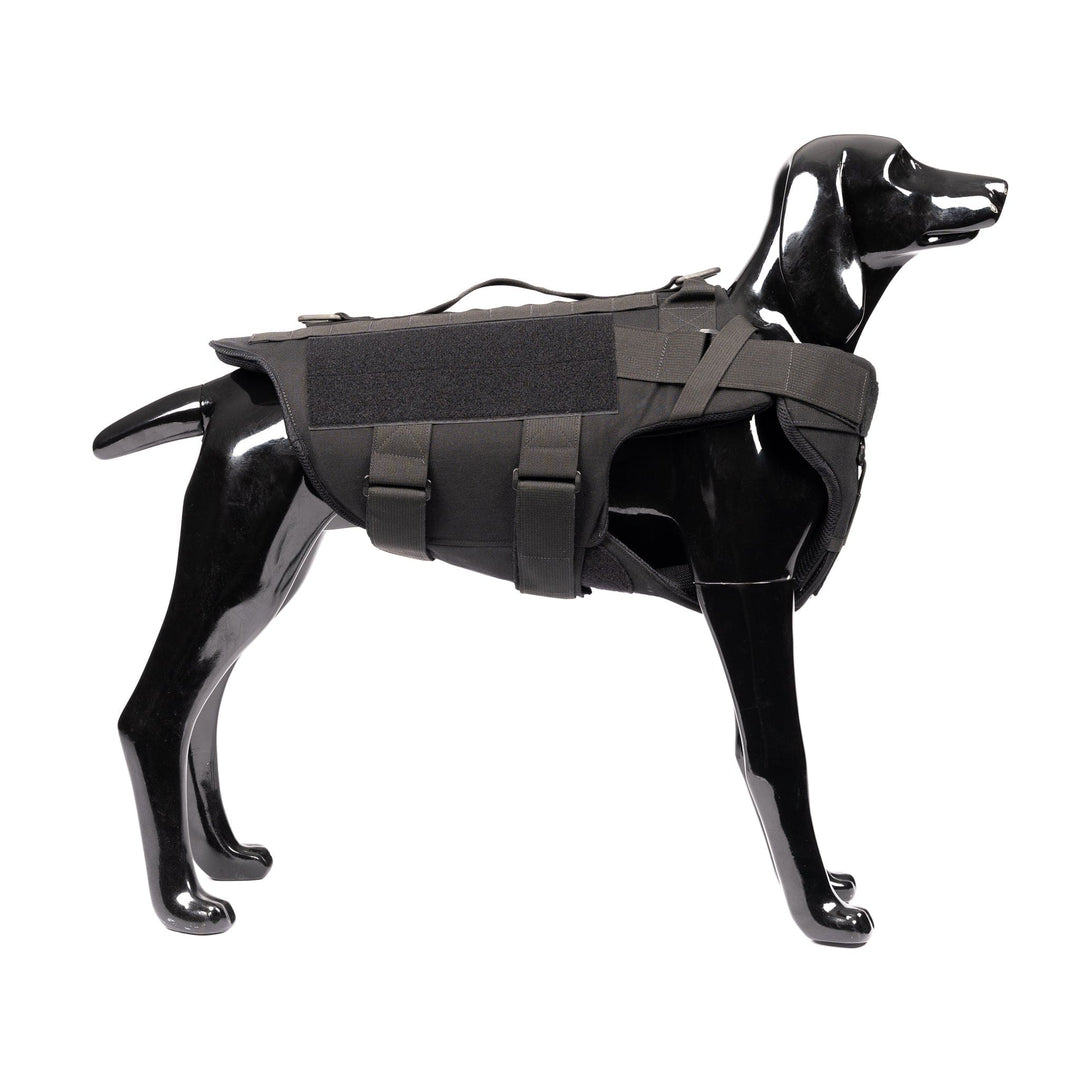 A dog mannequin in profile on a white background wears an adjustable K-9 Vest – Level IIIA from onyx/Premier Body Armor. Designed with blackout tactical flair, the vest features velcro panels and can be upgraded with ballistic protection for added safety.