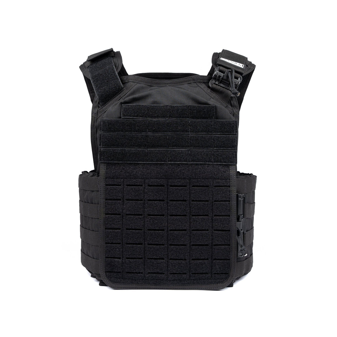 Image shows a Premier Body Armor Core Mission Plate Carrier with Level IIIA Cummerbund Armor, designed for protection and utility. This durable black tactical vest features adjustable shoulder straps, multiple Velcro areas for attaching patches or accessories, and a MOLLE system on the front and sides for modular attachment of equipment, making it an essential part of any tactical kit.