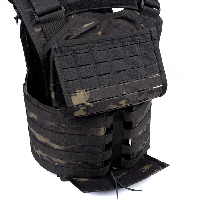 A close-up image of the Core Mission Plate Carrier w/ Level IIIA Cummerbund Armor by Premier Body Armor. The durable black vest, featuring multiple pockets and straps, has a camouflage pattern and is expertly designed for carrying equipment and providing protection.