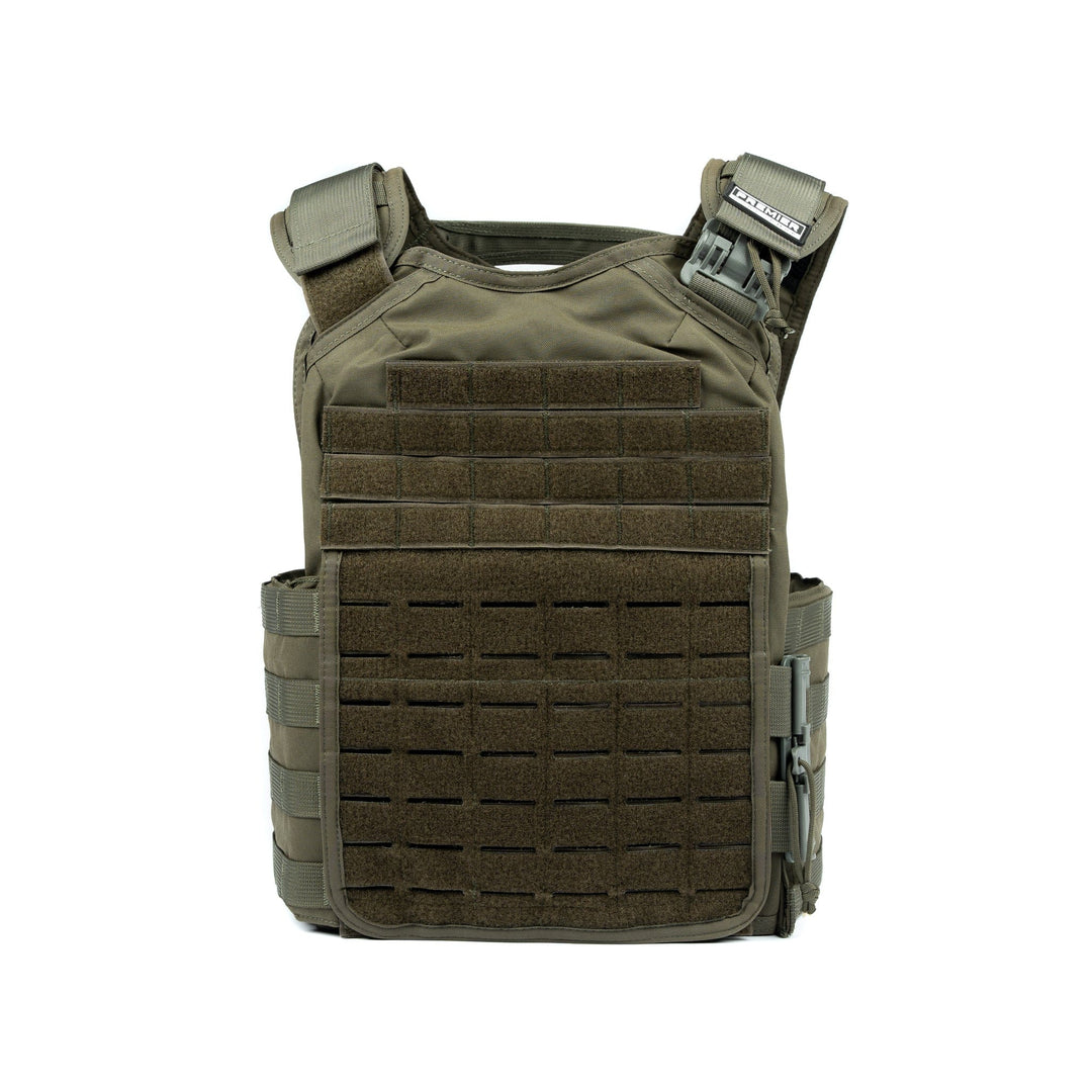 The Premier Body Armor Core Mission Plate Carrier w/ Level IIIA Cummerbund Armor is displayed. It is olive green and features adjustable shoulder straps along with multiple MOLLE webbing attachments on the front. The vest includes compartments for inserting protective plates, making it an essential part of any tactical kit, and boasts a robust, durable design.