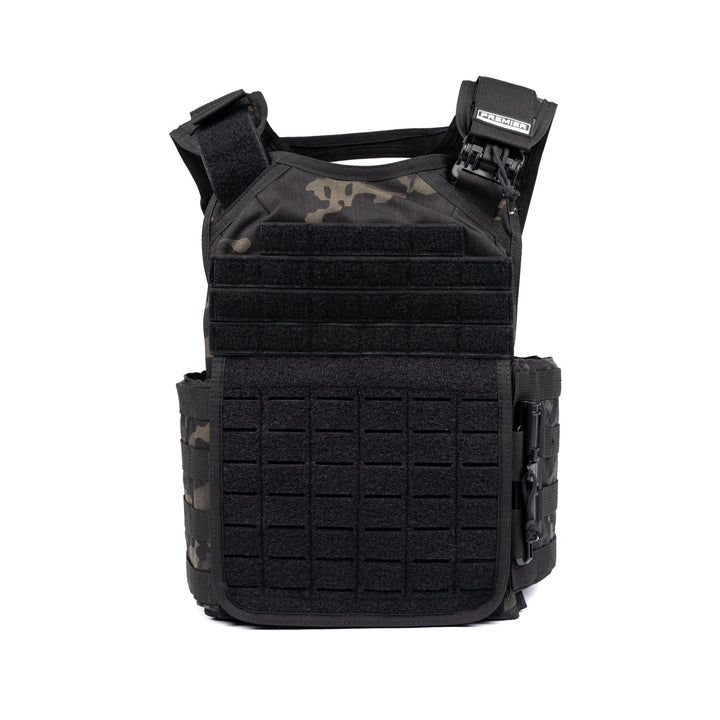 The Core Mission Plate Carrier with Level IIIA Cummerbund Armor by Premier Body Armor is shown. Featuring a high-definition camouflage pattern, MOLLE webbing on the sides, and hook-and-loop panels on the front for attaching patches or accessories, this durable black tactical plate carrier with multiple straps and clips is an essential addition to any tactical kit.