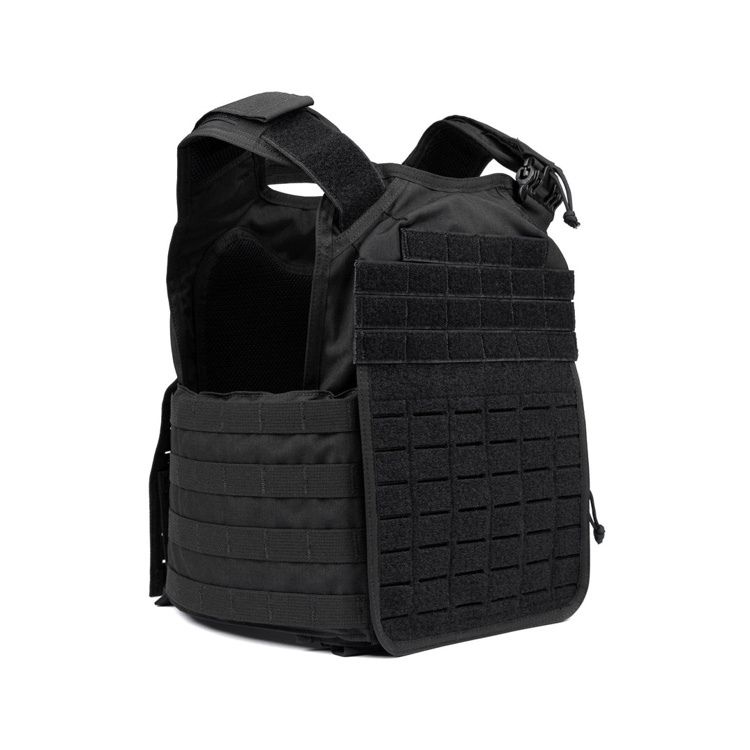 The image showcases the Core Mission Plate Carrier w/ Level IIIA Cummerbund Armor by Premier Body Armor in black, featuring multiple pouches and adjustable straps. The front of the vest is equipped with horizontal MOLLE webbing for attaching additional gear, emphasizing its versatility as part of a tactical kit. The vest appears specifically designed for military or law enforcement use.