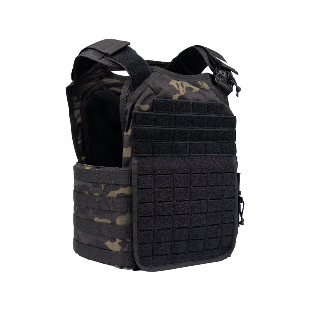 The Premier Body Armor Core Mission Plate Carrier w/ Level IIIA Cummerbund Armor, available in MultiCam Black, doubles as a plate carrier for added durability. It features multiple rows of MOLLE webbing on the front and sides for attaching additional gear. With adjustable shoulder straps and side closures, this essential piece of tactical kit ensures a secure fit.