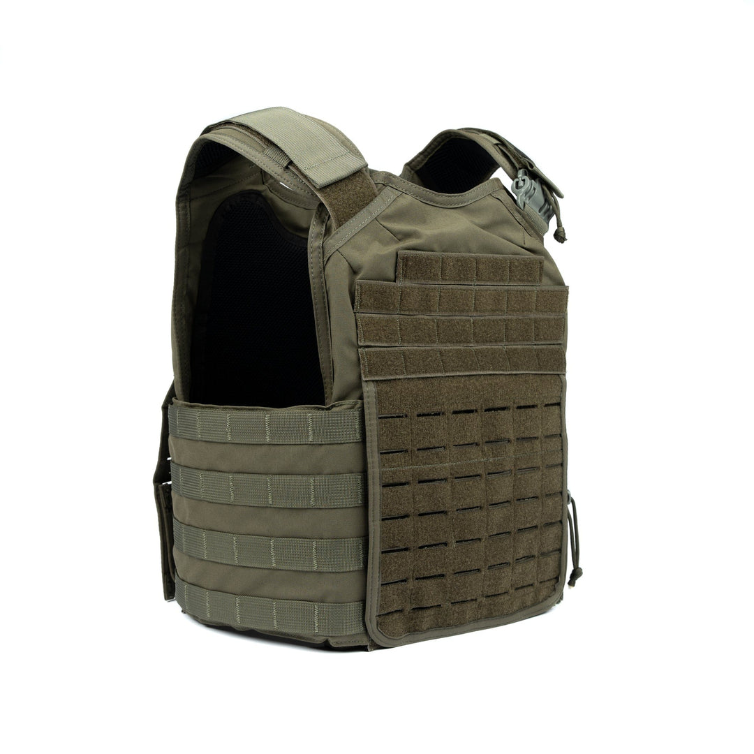 The image shows a durable Core Mission Plate Carrier with Level IIIA Cummerbund Armor by Premier Body Armor in ranger green. This plate carrier features multiple Velcro patches, adjustable straps, and a grid of MOLLE webbing for attaching additional gear. The design includes padded shoulder areas for comfort, making it an essential component of your tactical kit.