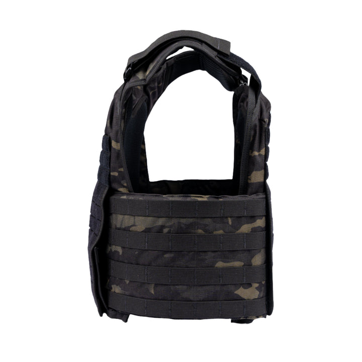 The image shows the Premier Body Armor Core Mission Plate Carrier with Level IIIA Cummerbund Armor, ideal for military or law enforcement use. It features multiple straps and compartments for holding equipment and exemplifies impressive durability. The black vest is empty and displayed facing forward.