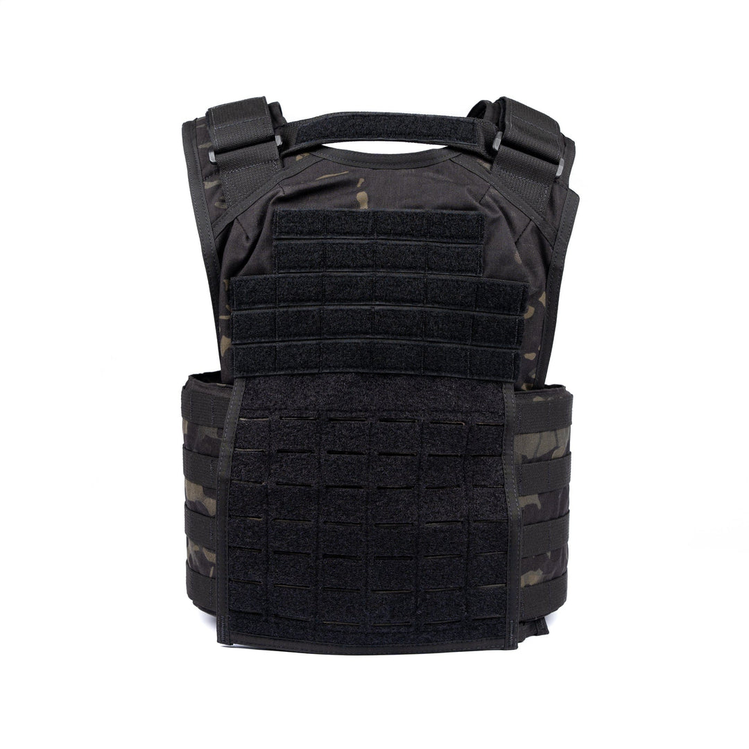 The Core Mission Plate Carrier w/ Level IIIA Cummerbund Armor by Premier Body Armor is a black tactical vest featuring padded shoulder straps and multiple rows of horizontal webbing on the front and sides, making it perfect for a tactical kit. Renowned for its durability, this vest also includes an emergency drag handle at the top.