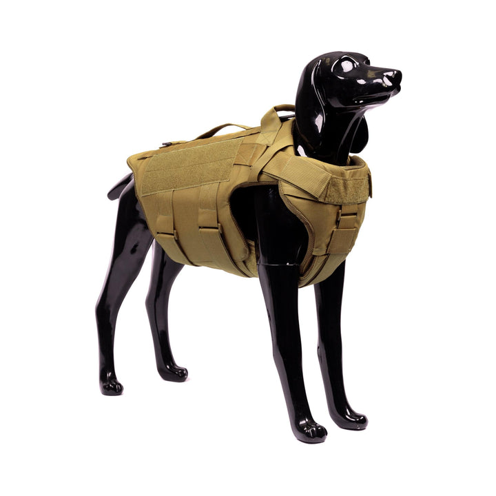 A black dog mannequin displays an FDE onyx/Premier Body Armor K-9 Vest – Level IIIA, featuring multiple straps and handles for a snug, comfortable fit. The tactical vest's utilitarian design allows for added protection with level IIIA body armor ballistic panels.