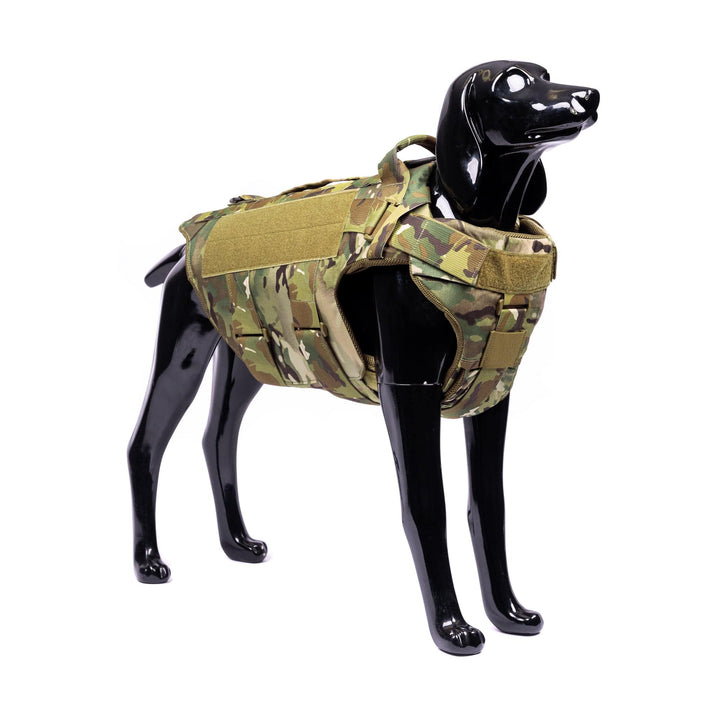 A black dog mannequin models the onyx/Premier Body Armor K-9 Vest – Level IIIA in Multicam, designed for tactical use. Against a white background, it highlights practical style perfect for mission-ready scenarios.