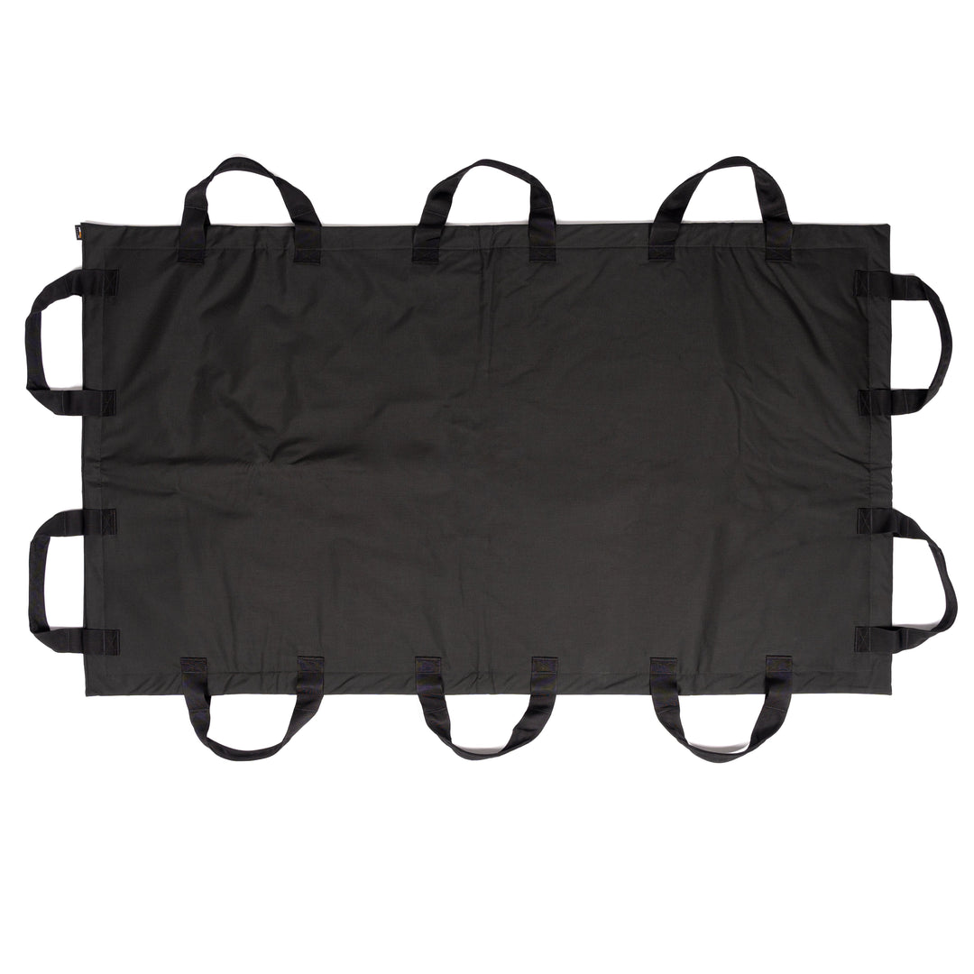 A black body bag with ten handles is laid flat, crafted from a sturdy material. Its rectangular design echoes the robust durability of the Premier Body Armor Fortis Ballistic Blanket, ensuring reliable performance in demanding situations.