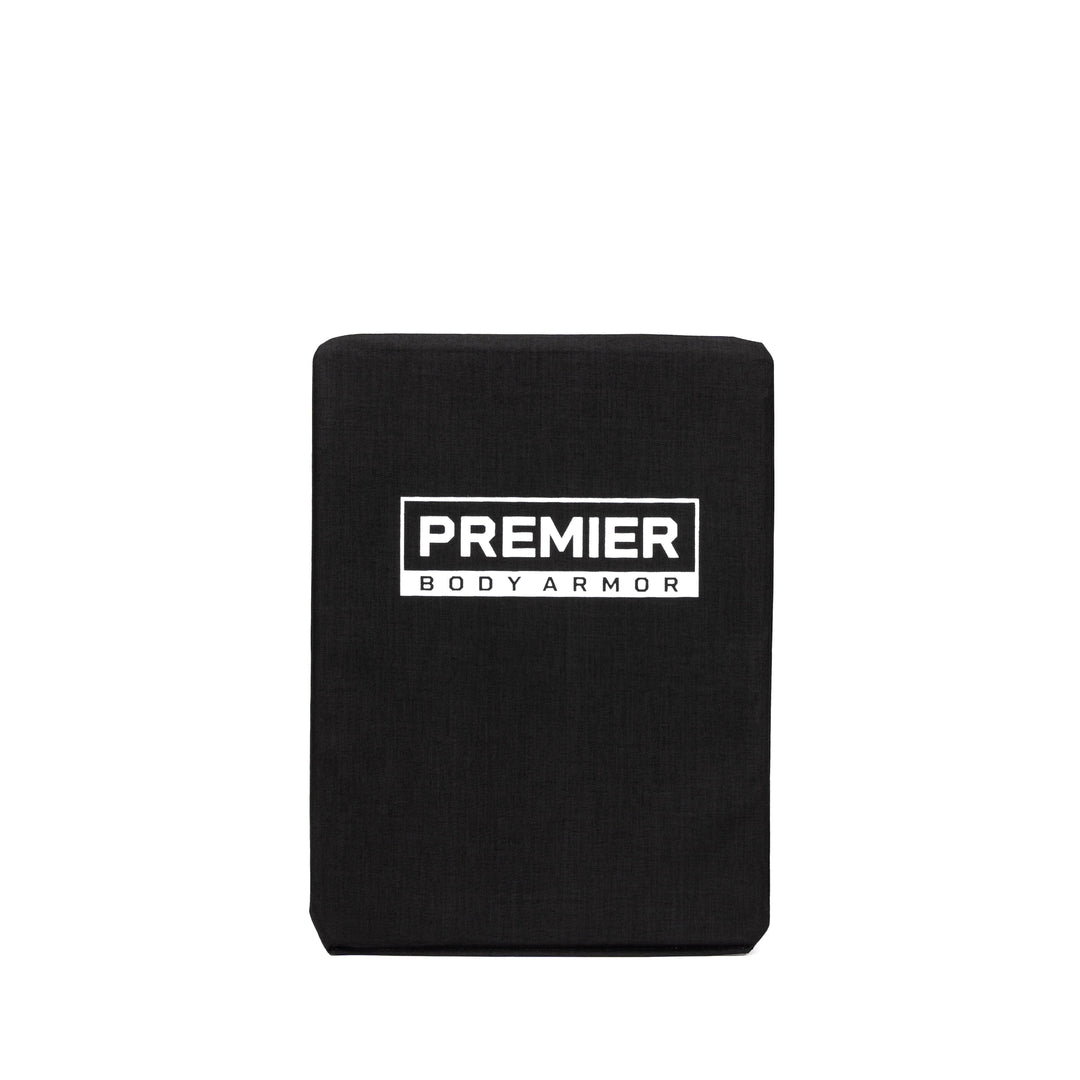 A rectangular black item with the text "Premier Body Armor" printed in white on the front. Made of a durable fabric material, this Level IIIA protection ballistic panel is designed for use as a Bulletproof Diaper Bag Insert.