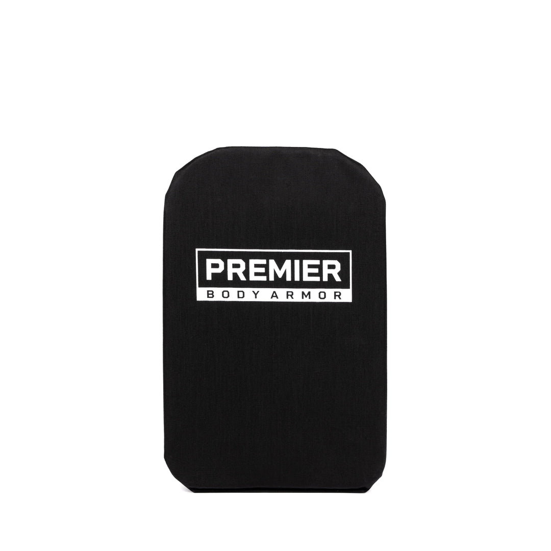 An upright, black rectangular shield with rounded corners, branded with the text "Premier Body Armor" in white and featuring an NIJ Level IIIA ballistic panel, known as the Bulletproof Diaper Bag Insert Level IIIA.