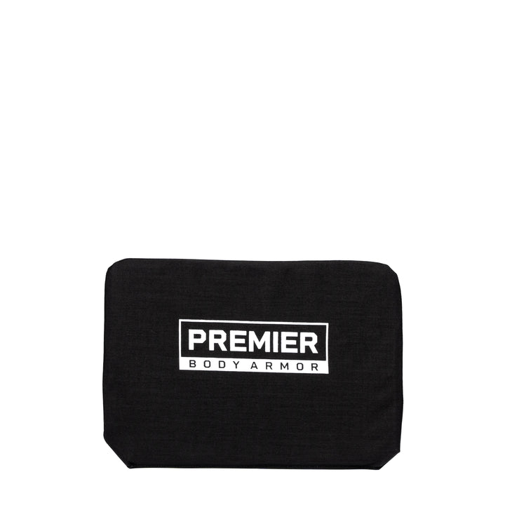 A rectangular black bag branded with "Premier Body Armor" in bold, white capital letters on the front. The design is simple and functional with a minimalist aesthetic, discreetly incorporating a Level IIIA Protection ballistic panel, making it an effective Bulletproof Diaper Bag Insert from Premier Body Armor.