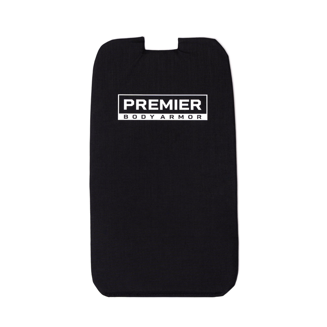 The Eberlestock Fade Adapt Level IIIA Insert by Premier Body Armor is a black, rectangular body armor panel with slightly rounded corners and a notch at the top. It features the text "Premier Body Armor" printed in white at the top center, making it an ideal fit for use with an Eberlestock Fade Adapt Backpack.