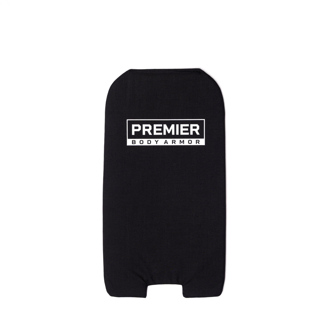 A black Eberlestock Fade Transport 18 Level IIIA Insert from Premier Body Armor featuring white "PREMIER BODY ARMOR" text on the back. This body armor has rounded edges and an opening at the bottom, offering a simple and functional design perfect for use as a bulletproof insert in an Eberlestock Fade Transport 18 Backpack.