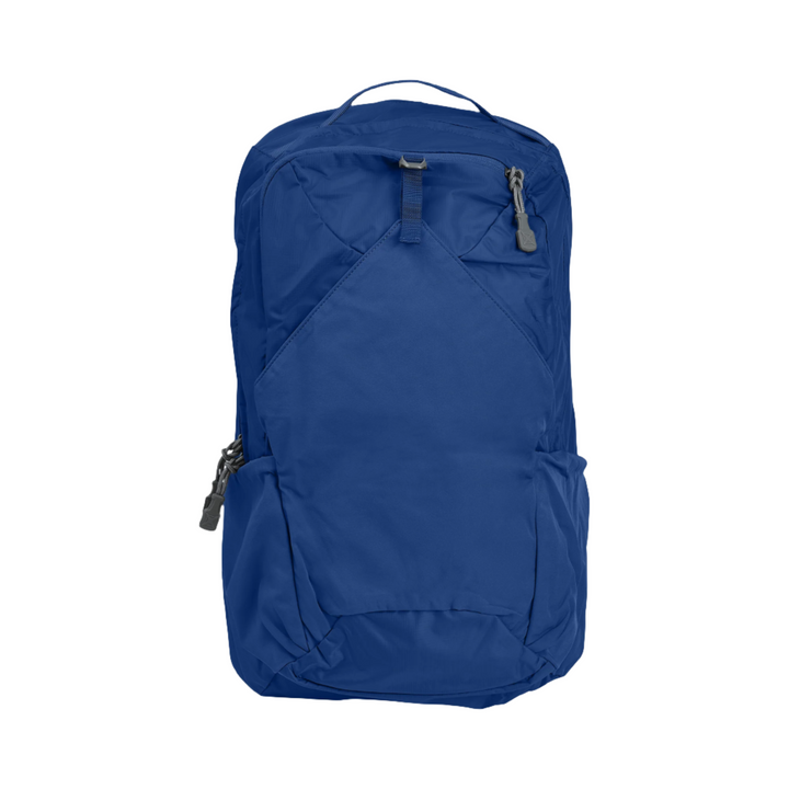 The Vertx Long Walks Pack 28L, in blue, is displayed against a white background. This backpack is perfect for long walks and features a minimalist design with a front compartment secured by a zipper, top handle, and two side pockets. It discreetly accommodates an Armored Vertx body armor insert without any visible brand logos or embellishments.