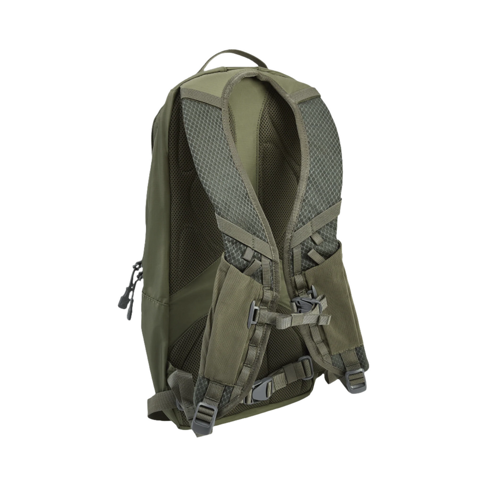 The Vertx Long Walks Pack 15L is shown from the back, featuring padded shoulder straps with mesh padding and adjustable buckles. The top of the backpack has a carry handle, and the back panel is padded. It includes small zippered side pockets and Tactigami compatibility for added organization on long walks.