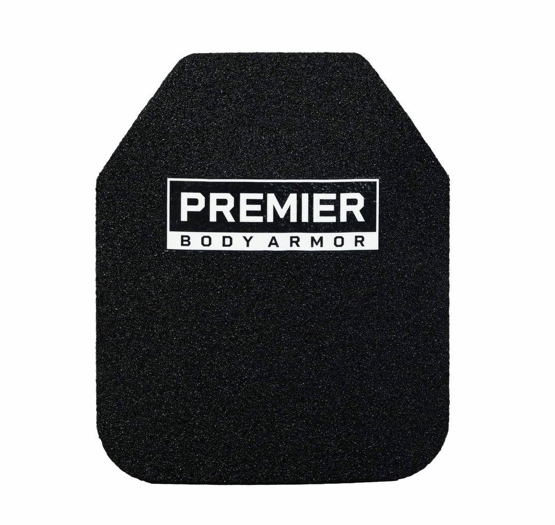 A Durus 650 Level III+ Plate from Premier Body Armor displays "Premier Body Armor" in white at the center. It's a ballistic protection plate, rectangular with rounded bottom corners and angled top corners, made from armor-grade steel for top-notch defense.