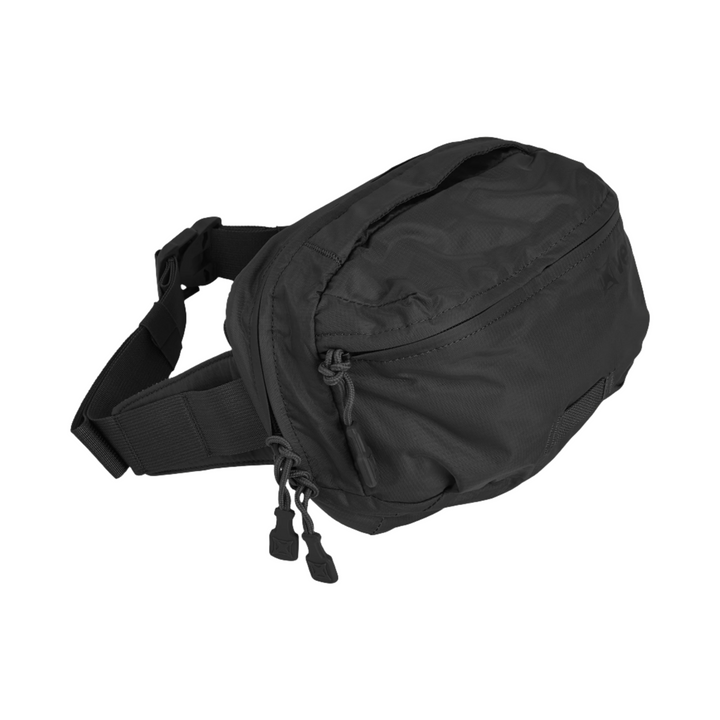 The Vertx MP Waist Pack, a product of Vertx, is a black crossbody bag crafted from durable fabric in a rectangular design. It boasts a spacious main compartment with a zipper closure, an additional front pocket with its own zipper, and an adjustable strap complete with a buckle for securely fastening around the body.