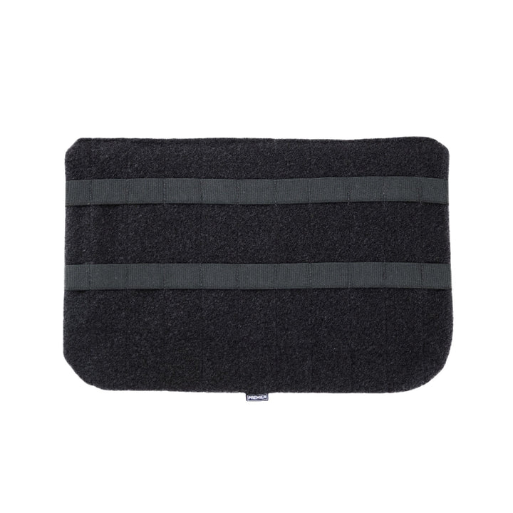 A black, rectangular mat with rounded corners is shown on a white background. The mat, resembling a ballistic panel, features two horizontal dark green straps evenly spaced across its surface and a small label at the bottom center. This item is the "Fieldcraft Survival Small Mobility Level IIIA Bag Insert" by Premier Body Armor.