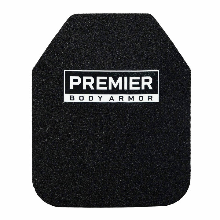 The Durus 650 Level III+ Plate from Premier Body Armor, with a sleek black armor-grade steel construction, provides outstanding ballistic protection. Its multi-curved rectangular design and top corner cut ensure top-notch security. The Premier Body Armor logo is prominently displayed in white text.