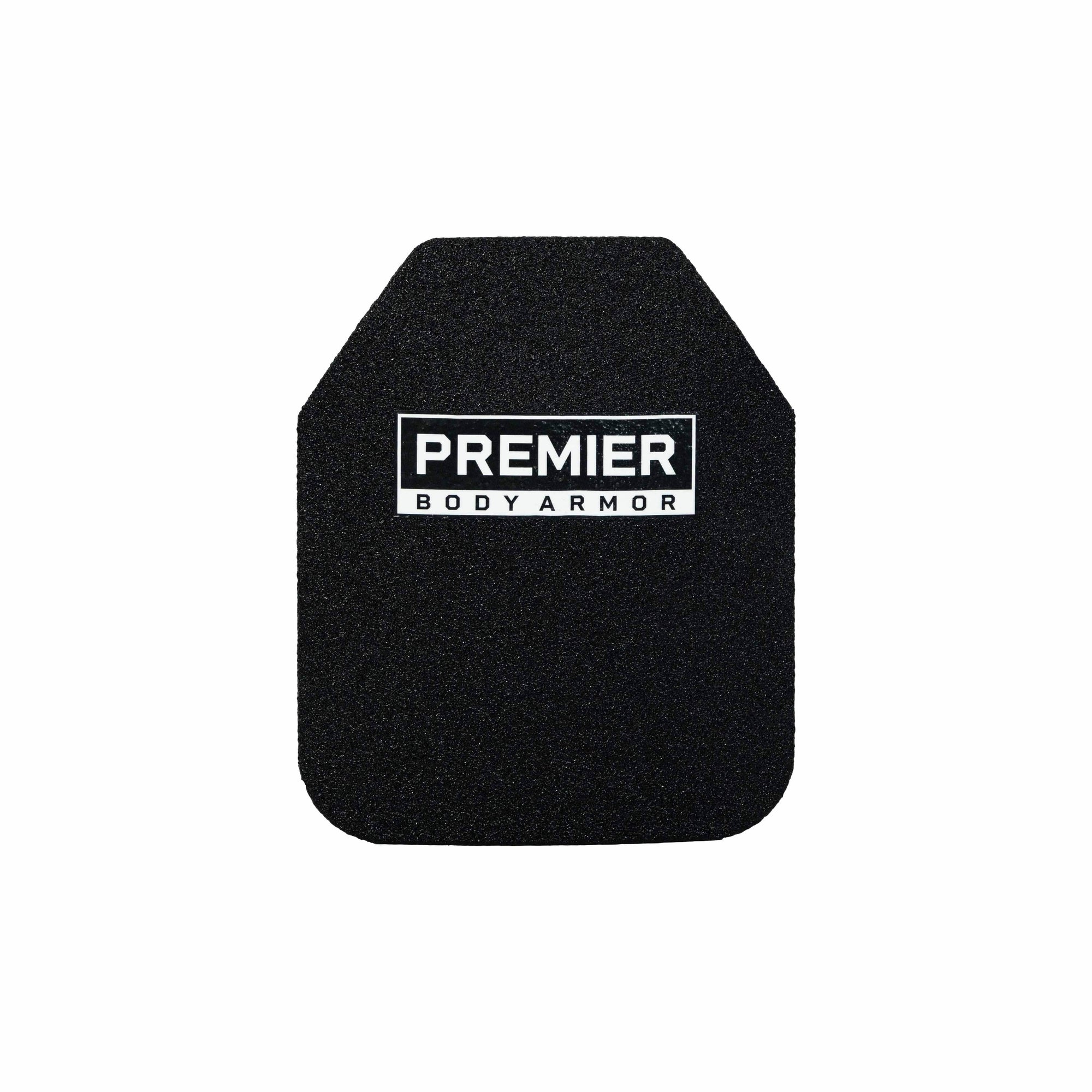 The Durus 650 Level III+ Plate from Premier Body Armor, with a sleek black armor-grade steel construction, provides outstanding ballistic protection. Its multi-curved rectangular design and top corner cut ensure top-notch security. The Premier Body Armor logo is prominently displayed in white text.