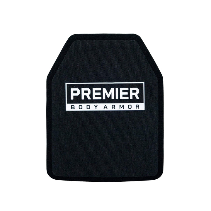 This Nexus Level III+/RF1 8x10 ICW Plate from Premier Body Armor is a black ballistic plate with a rectangular shape and angled edges at the top. The center features "Premier Body Armor" printed in white. Designed to provide reliable rifle protection, this solid and sturdy plate integrates seamlessly into a Level IIIA vest for enhanced safety.