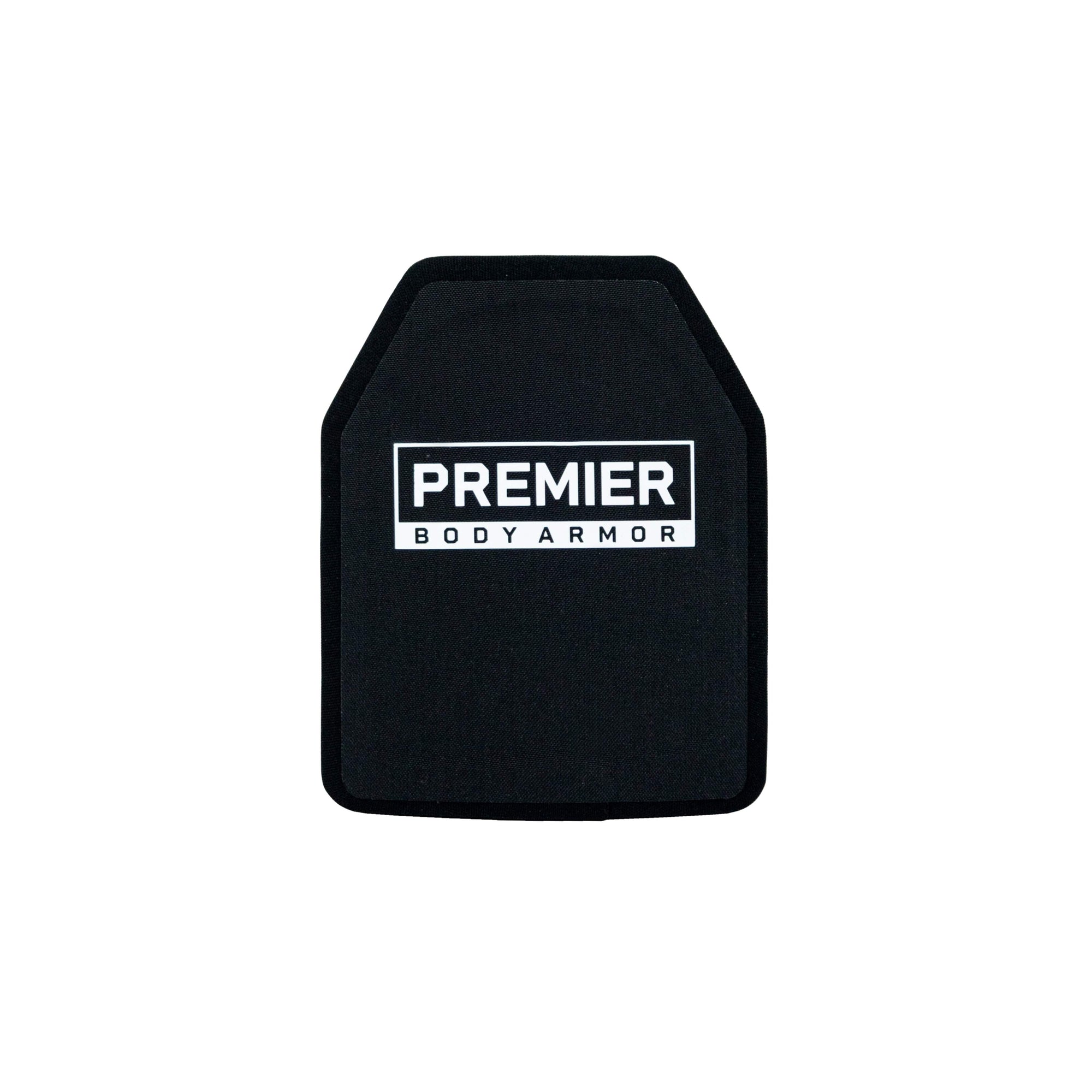 The Nexus Level III ICW Plate by Premier Body Armor is a black rectangular ballistic plate featuring a slanted top and prominently displays "Premier Body Armor" in bold white letters at its center. Made from Ultra-High-Molecular-Weight Polyethylene, it offers Level III performance for exceptional protection.