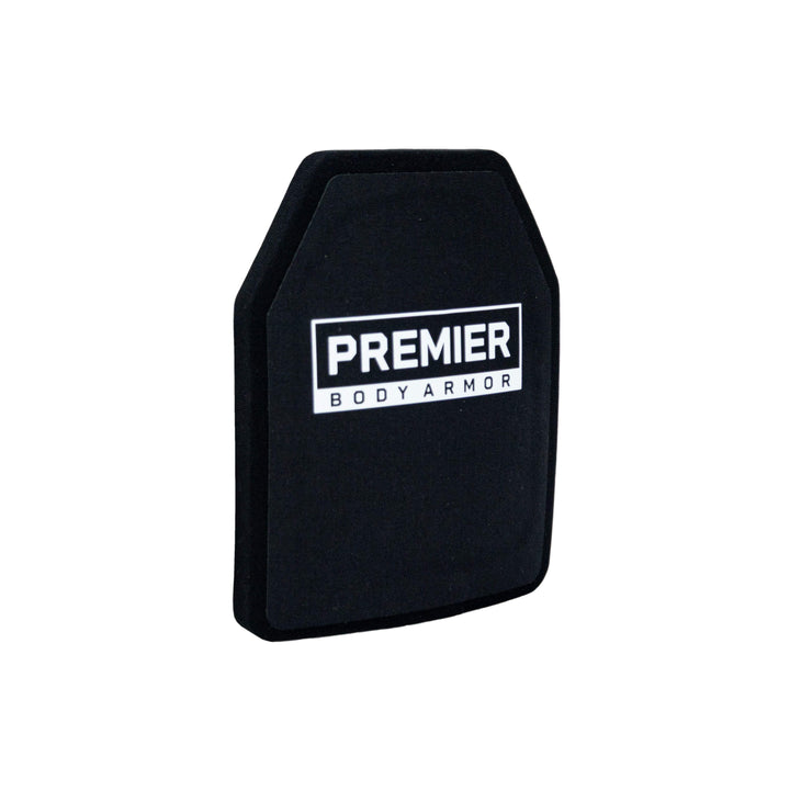 A sleek black Nexus Level III+/RF1 8x10 ICW Plate by Premier Body Armor, featuring beveled edges and a white label on the front, offers a minimalistic design. Set against a white background, it complements any Level IIIA vest to provide enhanced rifle protection.