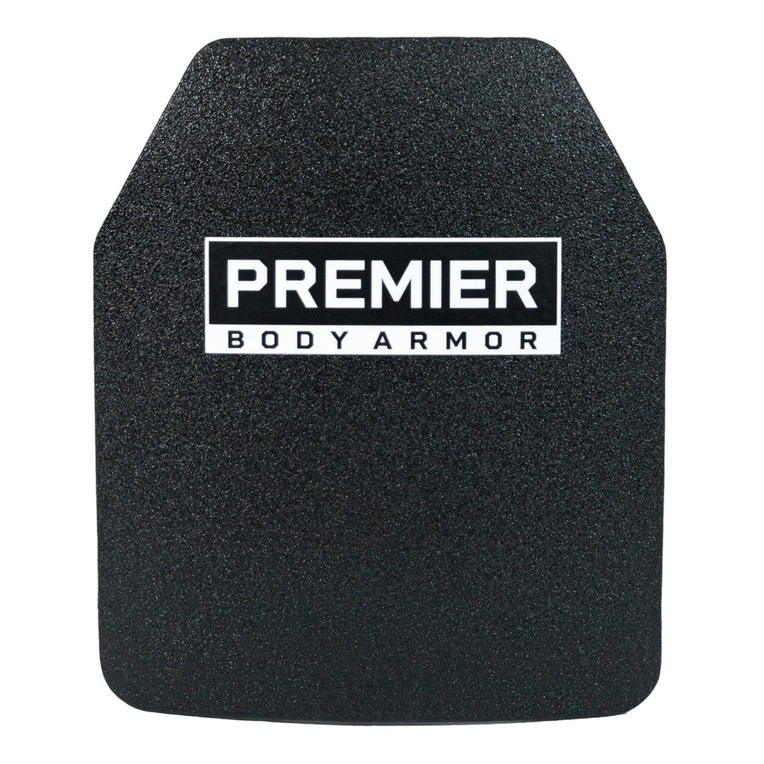 A black Agile PE Plate by Premier Body Armor features a rectangular label at the top center with "Premier Body Armor" in white text. This Level IIIA plate has beveled edges and a slightly curved design, providing both protection and agility.