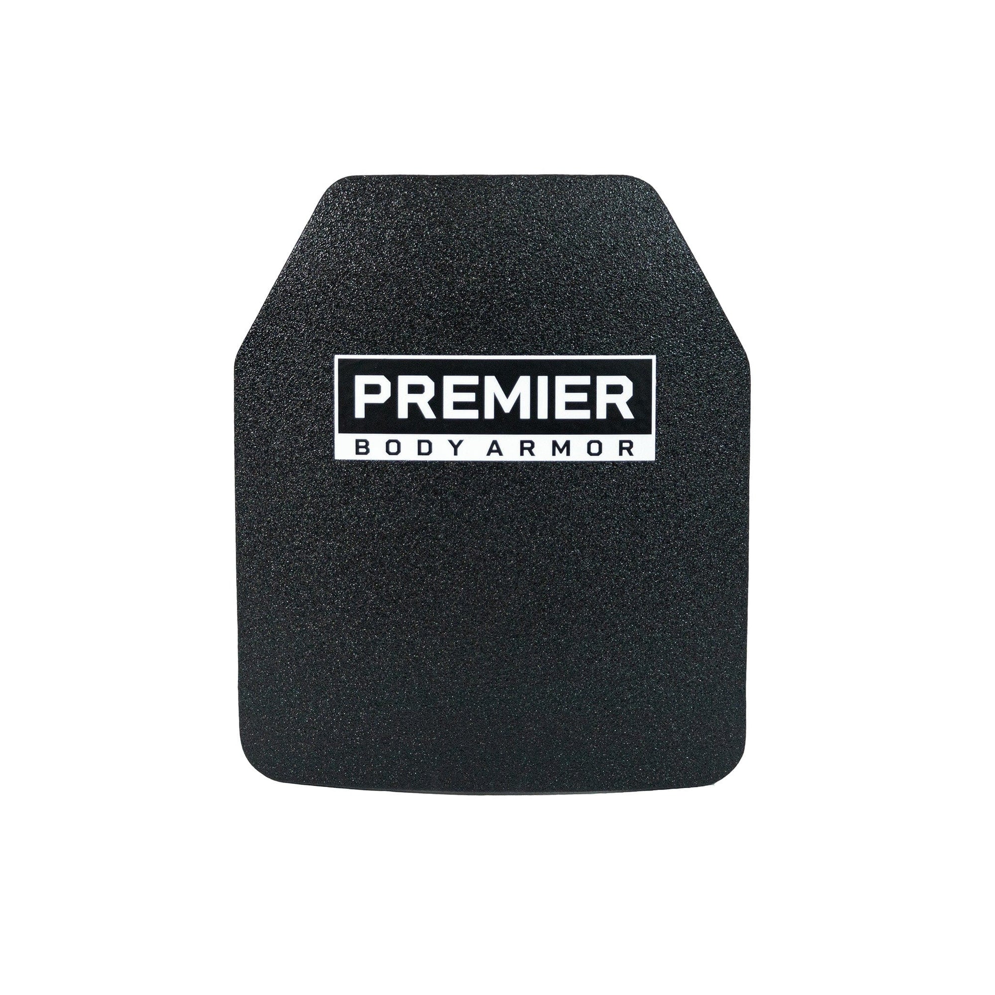 A black Agile PE Plate by Premier Body Armor features a rectangular label at the top center with "Premier Body Armor" in white text. This Level IIIA plate has beveled edges and a slightly curved design, providing both protection and agility.