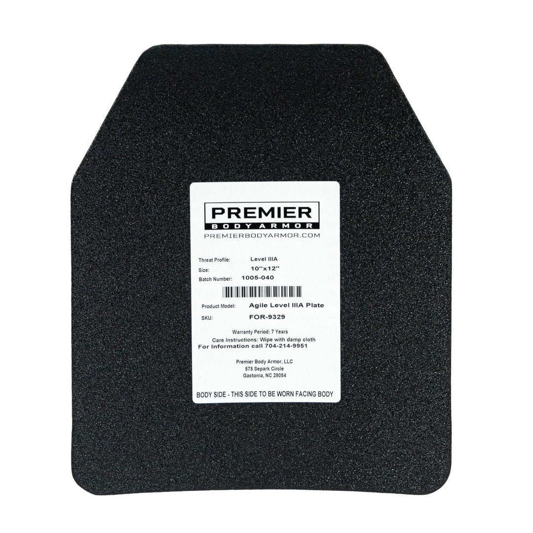 A black, rectangular polyethylene plate with a slightly curved top has a white label showcasing product details and the brand "Premier Body Armor." This Level IIIA Agile PE Plate is set against a plain white background.