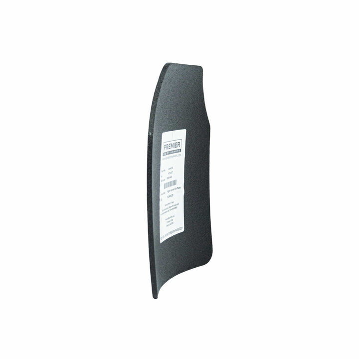 The Agile PE Plate by Premier Body Armor, a black Level IIIA polyethylene SAPI plate with a textured surface and a white label displaying product information, is viewed from an angled side perspective on a white background.