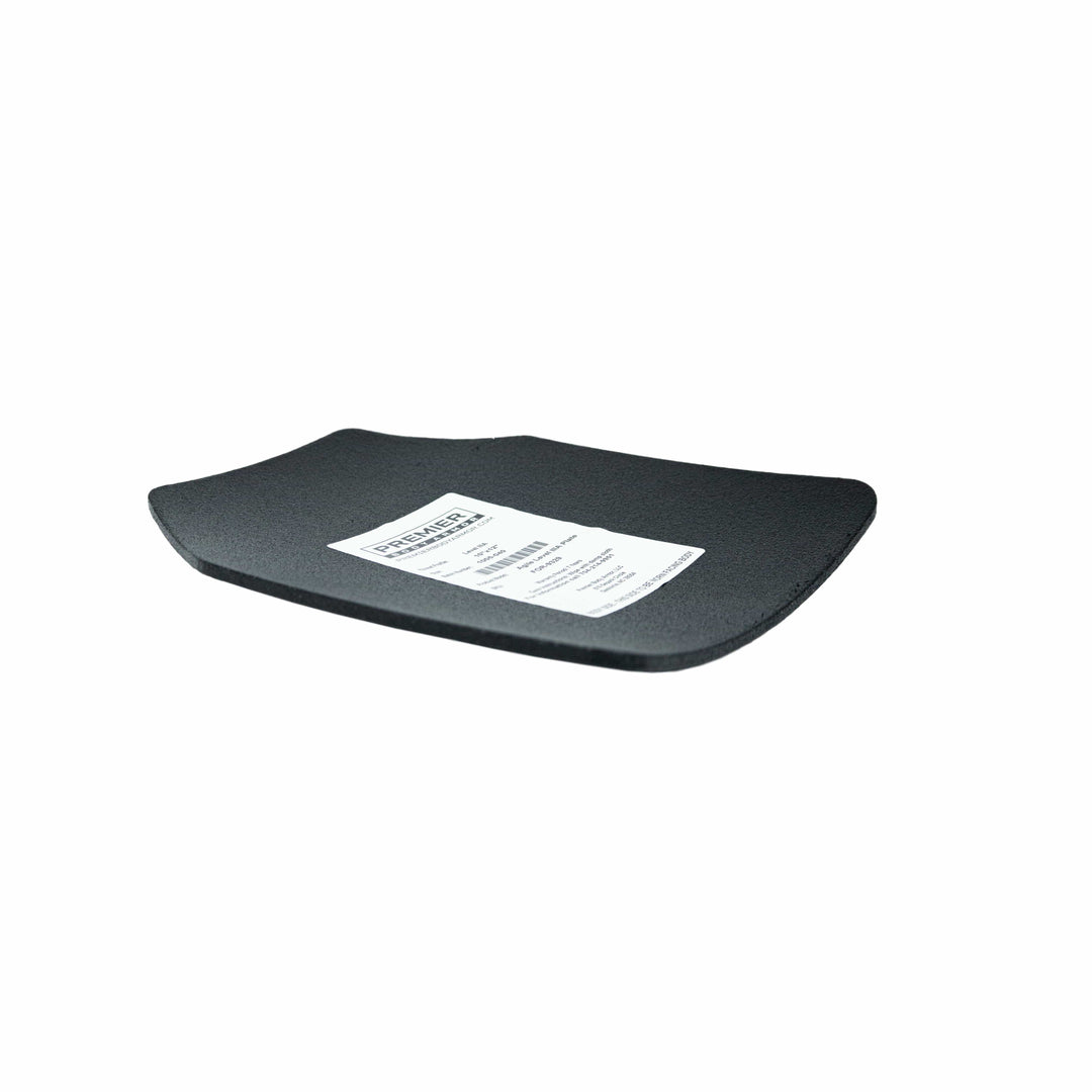 This black, rectangular Premier Body Armor polyethylene SAPI plate showcases a label with specifications and features a smooth, slightly curved surface. Named the Agile PE Plate, it provides Level IIIA protection for optimal defense in challenging conditions.