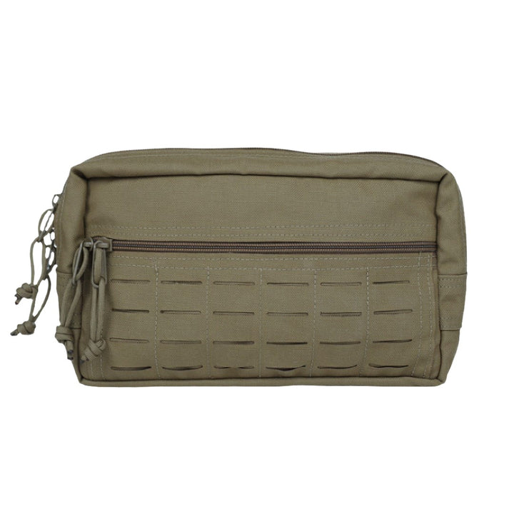 A khaki-colored tactical pouch with a central zipper pocket and a horizontal strip of laser-cut MOLLE webbing, part of the Premier Body Armor Discreet Defender Bundle - Soft Armor, features two zipper pulls with paracord ties and durable fabric construction.