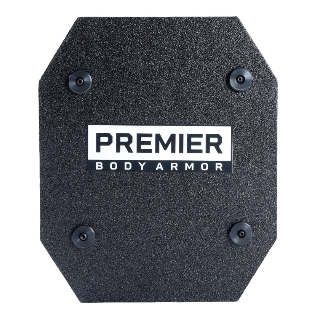 A black rectangular STRATIS Pro Shield Level III+ body armor plate with beveled edges and four screws at the corners. The lightweight defense plate features a white label in the center displaying "PREMIER BODY ARMOR" in bold, black letters. The background is plain white.