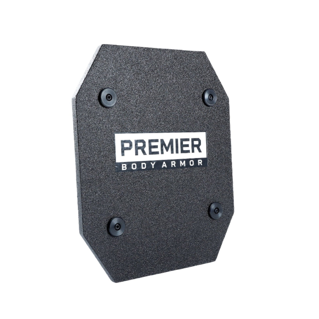 The STRATIS Pro Shield Level III+ by Premier Body Armor is a ballistic armor plate with a textured black surface and beveled edges. This lightweight defense shield features the text "PREMIER BODY ARMOR" in white lettering at the center and has four attachment points visible at the corners, ensuring it meets rifle-rated protection standards.