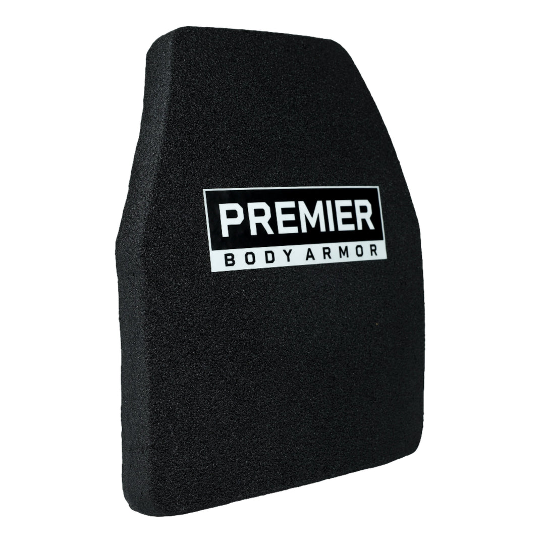 A black, rectangular piece of body armor from Premier Body Armor features the text "PREMIER BODY ARMOR" in white on the front. The STRATIS Level III+ MC armor is designed with slightly angled top corners for fitted personal protection. The background is plain white.